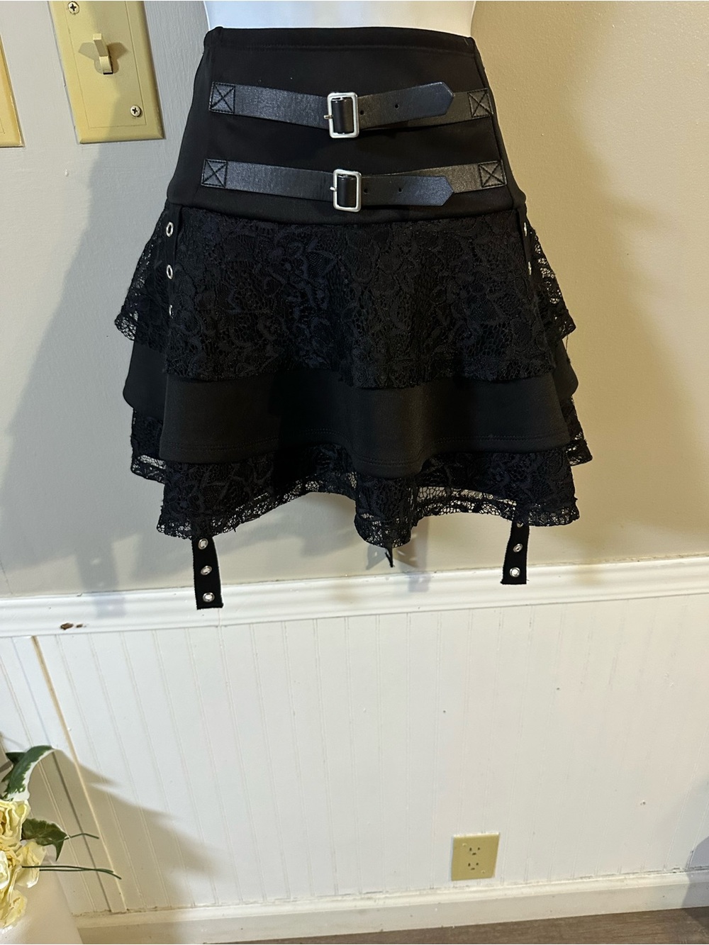Hot Topic Black Lace Tiered Mini Skirt with Buckle Straps - Picture 2 of 6